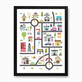 Vertical kids map with roads, cars, buildings Art Print