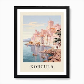 Korcula Croatia 2 Vintage Pink Travel Illustration Poster Art Print