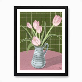 Pink Tulips On Green Checkered Tablecloth Art Print