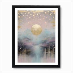 Wabi Sabi Dreams Collection 5 - Japanese Minimalism Abstract Moon Stars Mountains and Trees in Pale Neutral Pastels And Gold Leaf - Soul Scapes Nursery Baby Child or Meditation Room Tranquil Paintings For Serenity and Calm in Your Home Art Print