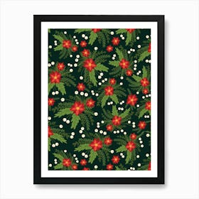 Red Poinsettia Flower Clusters with White Berries on Black Art Print