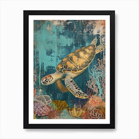 Blue Sea Turtle Exploring The Ocean Collage 4 Art Print