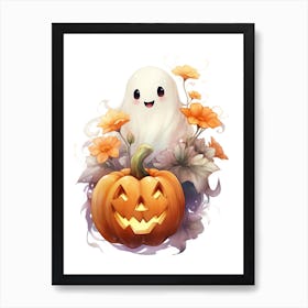 Cute Ghost With Pumpkins Halloween Watercolour 99 Art Print