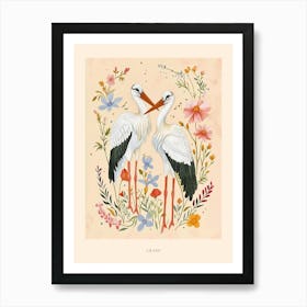 Folksy Floral Animal Drawing Crane 3 Poster Art Print