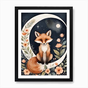 Floral Cute Fox Watercolor Moon Paining (1) Art Print