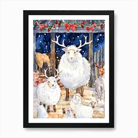 Watercolor Illustration Of A Woolly Sheep Family Celebrating Amidst A Festive Holiday Gathering Woo Art Print