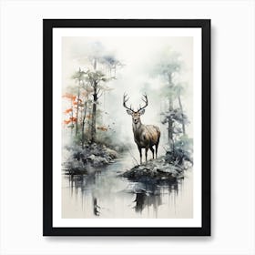 Deer, Japanese Brush Painting, Ukiyo E, Minimal 1 Art Print