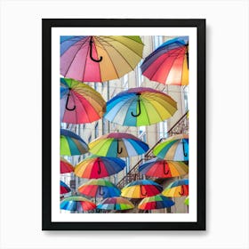 Bright and cheerful umbrellas in Lisbon, Portugal - summer rainbow colors street and travel photography by Christa Stroo Photography Art Print