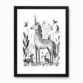 Unicorn With Woodland Animal Friends Black & White Illustration 2 Art Print