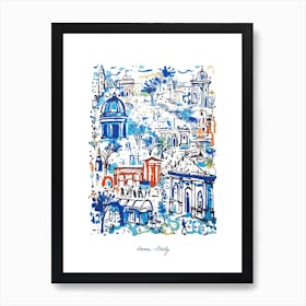 Rome Italy Landmarks Illustration Line Art Travel Blue Art Print