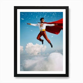 1980s Style Superhero Clad In Vintage Pilot Attire Soaring Above Cloud Banks Cotton White Cumulo 2 1 Poster