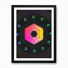 Neon Geometric Glyph in Pink and Yellow Circle Array on Black n.0045 Art Print