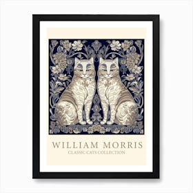 William Morris  Inspired  Classic Cats Brown And White Blue Art Print