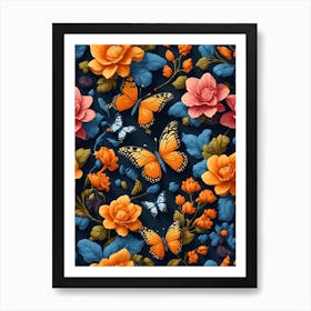 Ai Generated Seamless Pattern With Flowers And Butterflies Art Print