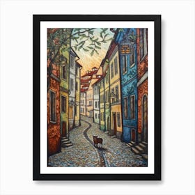 Painting Of Prague With A Cat In The Style Of William Morris 4 Art Print