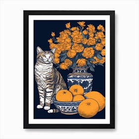 Drawing Of A Still Life Of Marigold With A Cat 1 Art Print