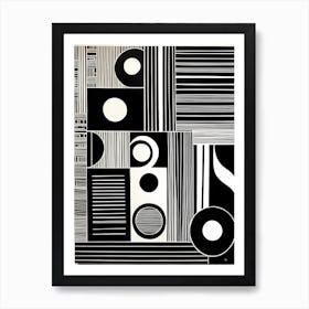 Mid Century Inspired Linocut geometric Shapes Black And White, 1128 Art Print