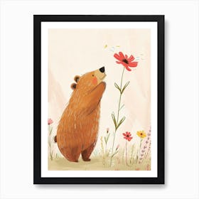 Sloth Bear Sniffing A Flower Storybook Illustration 2 Art Print