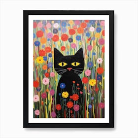 Black Cat In A Flower Field Art Print