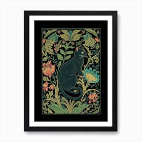 William Morris  Inspired Cats Collection Black Background Leaves Green Art Print