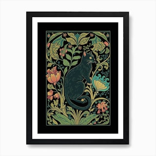 William Morris  Inspired Cats Collection Black Background Leaves Green Art Print