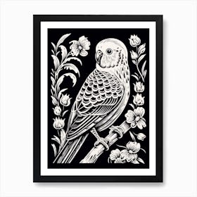 B&W Bird Linocut Budgerigar 3 Art Print