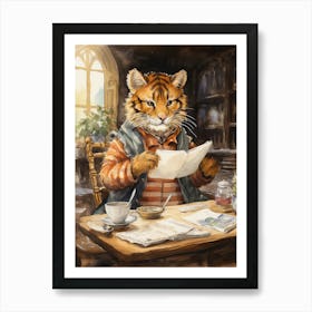 Tiger Illustration Doing Calligraphy Watercolour 3 Art Print