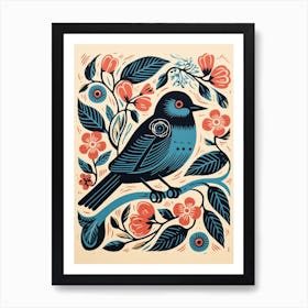 Vintage Bird Linocut Bluebird 1 Art Print