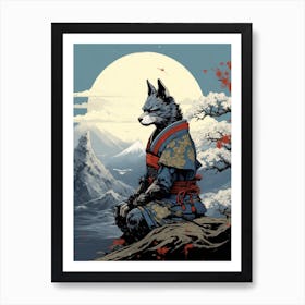 Gray Fox Japanese Illustration 1 Art Print