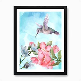 Watercolor Hummingbird And Flowers Art Print