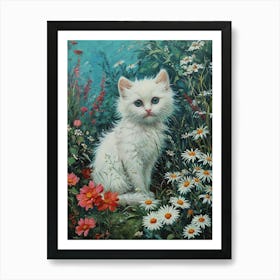 White Kitten In Field Of Daisies Rococo Inspired 3 Art Print