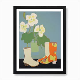 A Painting Of Cowboy Boots With White Flowers, Pop Art Style 9 Art Print