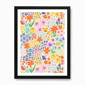 Happy Cats Wild Flowers Vibrant Multicolor on Beige Kids Art Print