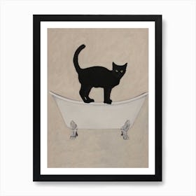 Black Cat On Bathtub Brown & Black Bathroom Art Print