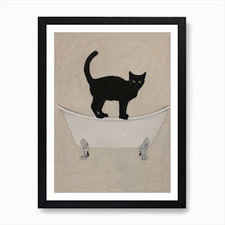Black Cat On Bathtub Brown & Black Art Print