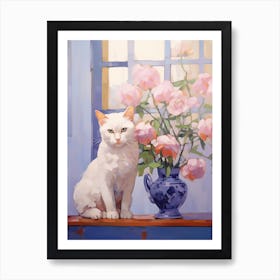 White Cat & Pink Peonies Art Print