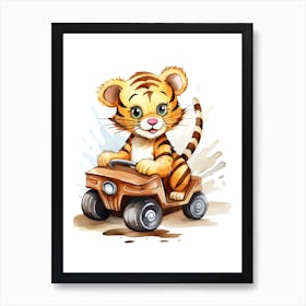 Baby Tiger On A Toy Car, Watercolour Nursery 3 Art Print