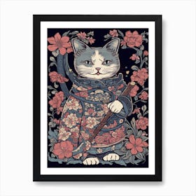 Cute Samurai Cat In The Style Of William Morris 5 Art Print