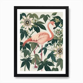 American Flamingo And Passionflowers Minimalist Illustration 1 Art Print