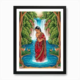 Indian Woman With Waterfall Art Print