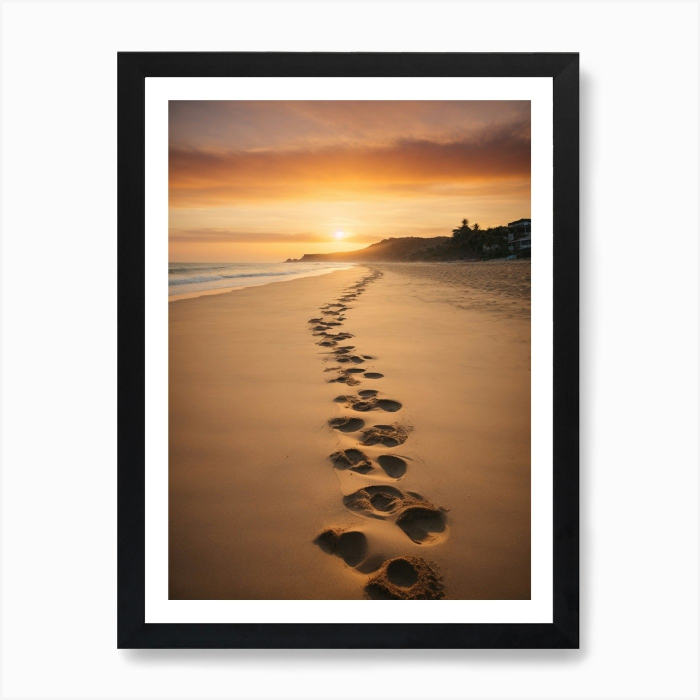 Footprints On The Beach At Sunset A Framed Wall Art Poster Canvas Print Picture - Picture 2 of 4