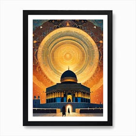 Jerusalem Temple - Islamic Mosque - Trippy Abstract Cityscape Iconic Wall Decor Visionary Psychedelic Fractals Fantasy Art Cool Full Moon Third Eye Space Sci-fi Awesome Futuristic Ancient Paintings For Your Home Gift For Him Art Print