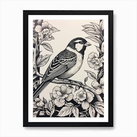 B&W Bird Linocut House Sparrow Art Print