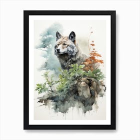 Wolf, Japanese Brush Painting, Ukiyo E, Minimal 3 Art Print