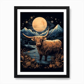 Digital Illustration Of Highland Cow At Night 2 Art Print