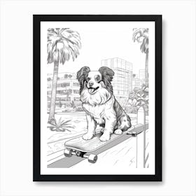 Papillon Dog Skateboarding Line Art 1 Art Print