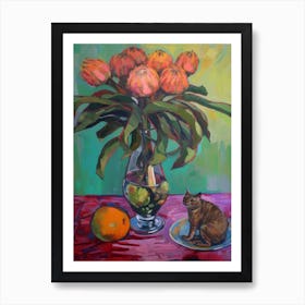 Proteas With A Cat 1 Fauvist Style Painting Art Print