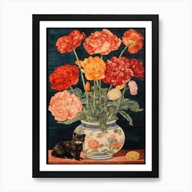 Ranunculus With A Cat 1 William Morris Style Art Print