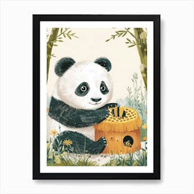 Giant Panda Cub Playing With A Beehive Storybook Illustration 2 Art Print