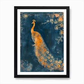 Orange & Navy Blue Floral Cyanotype Inspired Peacock 4 Art Print